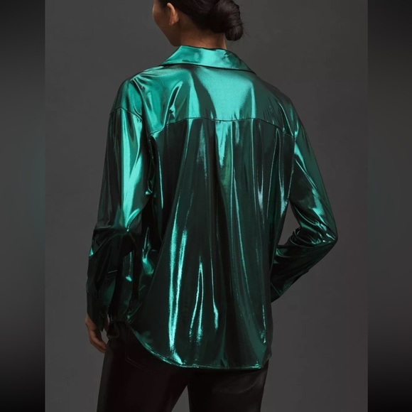 NWT Anthropologie green shiny Button down Shirt size small - Picture 6 of 7